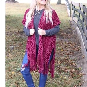 Chenille Ruana With Fringe- Burgundy